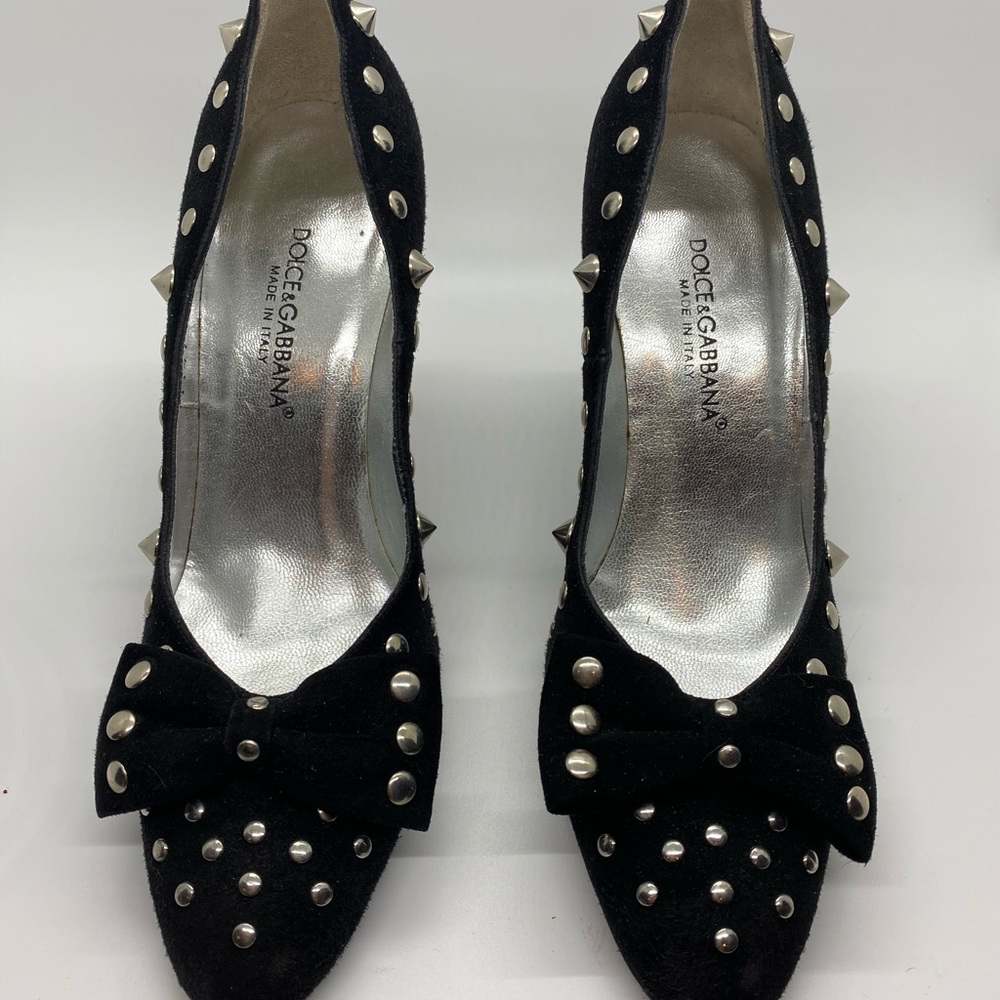 DOLCE & GABBANA Black Studded, Suede Heels w/ Bow